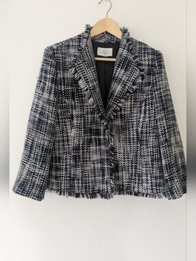 Frayed Edge Tweed Blazer Jacket - Black & White